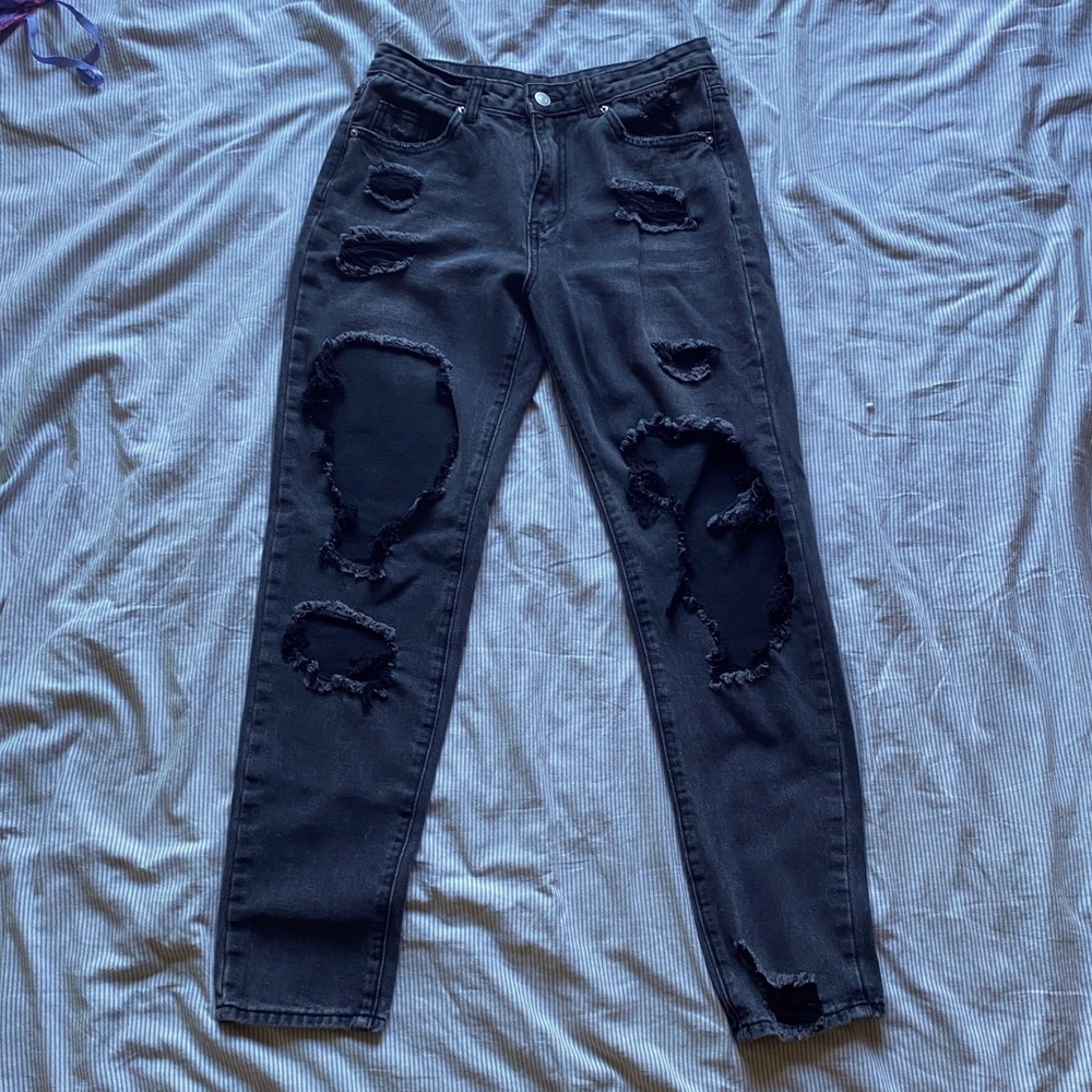 Dark Grey Ripped Mom Jeans